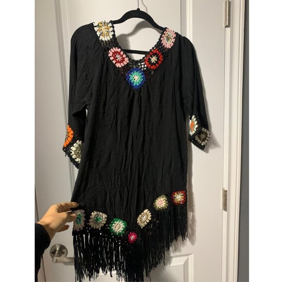 Black Crochet Beach Cover-Up Dress w/ Colorful Floral Accents – S/M - Picture 3 of 5